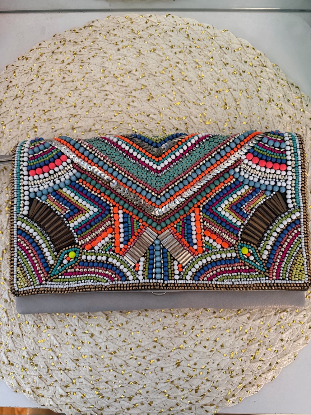 BCBGMaxAzria Multicolor Beaded Envelope Clutch. Art Deco, Retro, Aztec western